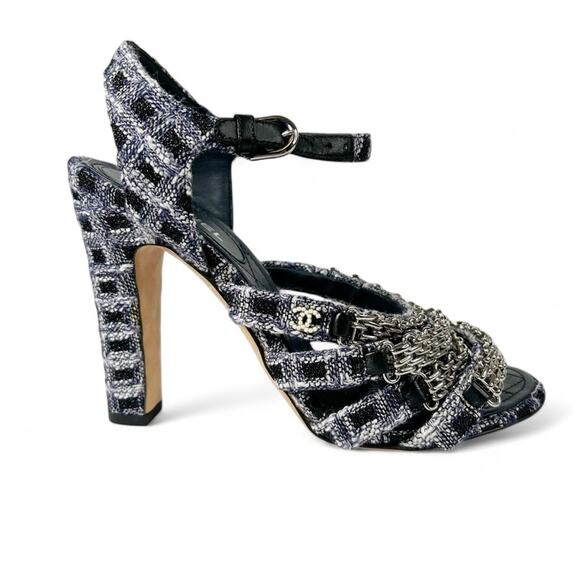 CHANEL Tweed Strappy Chain Interlocking CC Heeled Sandals - Picture 1 of 14